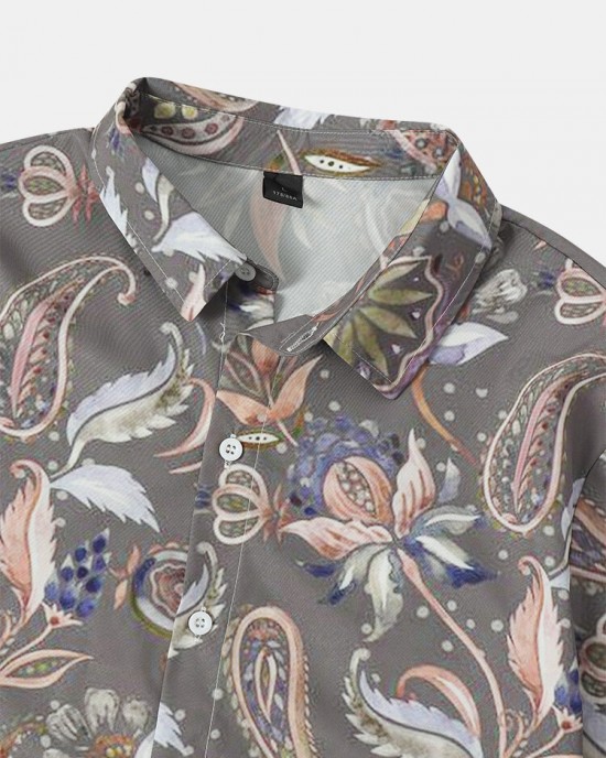 Mens Paisley Graphic Print Buttons Up Lapel Shirts