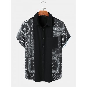 Mens Monochrome Paisley Scarf Print Stitching Cotton Short Sleeve Shirts