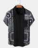 Mens Monochrome Paisley Scarf Print Stitching Cotton Short Sleeve Shirts