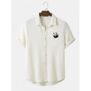 Mens Panda Chest Print Textured Lapel Short Sleeve Shirts