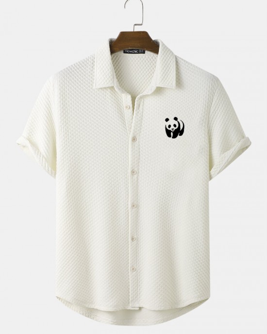 Mens Panda Chest Print Textured Lapel Short Sleeve Shirts