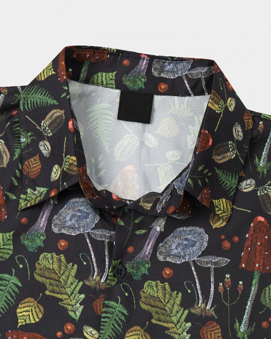 Mens Leaf Print Button Up Short Sleeve Shirts