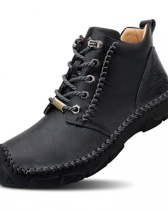 Men Pure Color Toe Protected Hand Stitching Leather Ankle Boots