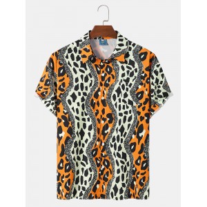 Mens Leopard Print Chest Pocket Street Short Sleeve Shirts