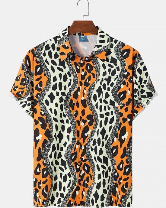 Mens Leopard Print Chest Pocket Street Short Sleeve Shirts