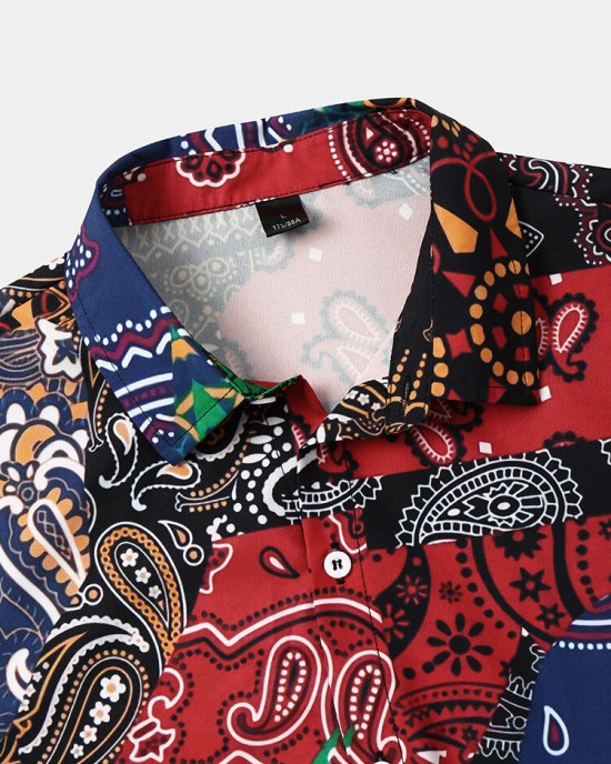 Mens Multicolor Paisley Asymmetric Stitching Short Sleeve Shirts