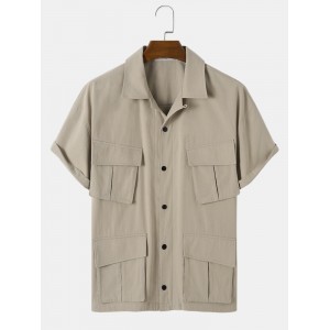 Mens Multi Utility Pocket Solid Color Cotton Short Sleeve Shirts