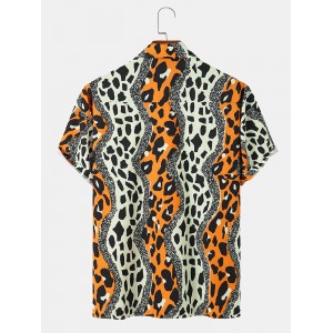 Mens Leopard Print Chest Pocket Street Short Sleeve Shirts