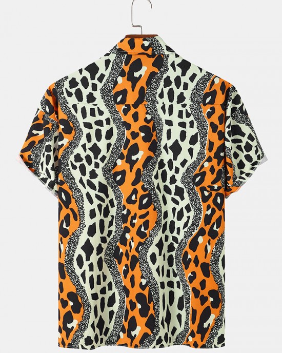 Mens Leopard Print Chest Pocket Street Short Sleeve Shirts