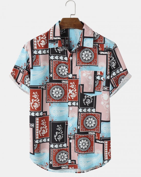 Mens Paisley Floral Color Block Print Ethnic Short Sleeve Shirts