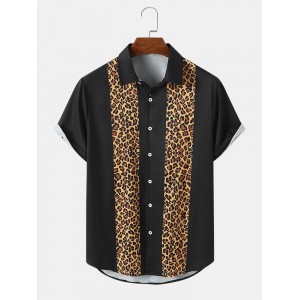 Mens Leopard Print Button Up Lapel Short Sleeve Shirts