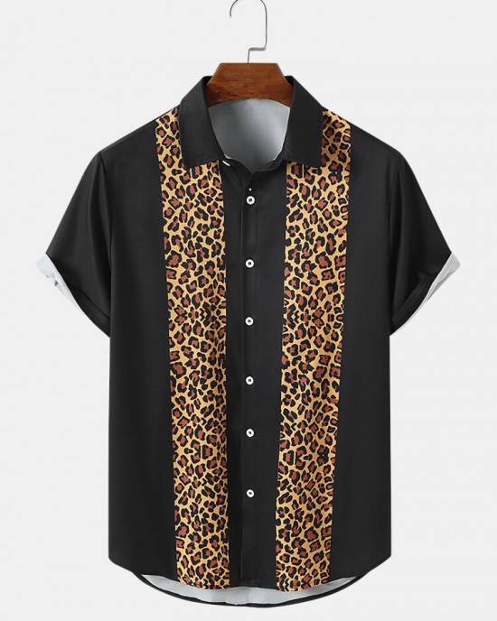 Mens Leopard Print Button Up Lapel Short Sleeve Shirts