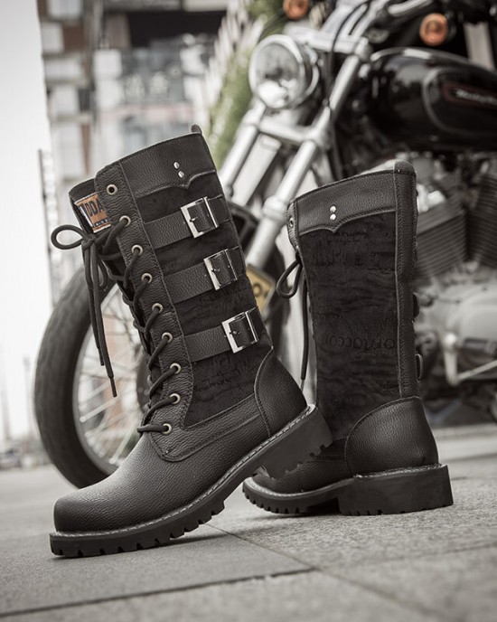 Men Classic Black Biker Boots Metal Buckle Motorcycle Boots