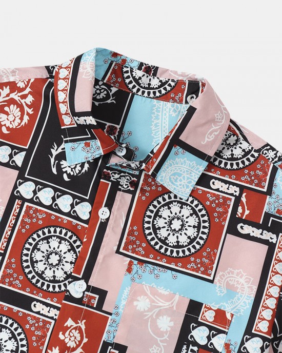 Mens Paisley Floral Color Block Print Ethnic Short Sleeve Shirts