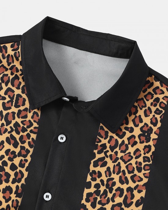 Mens Leopard Print Button Up Lapel Short Sleeve Shirts