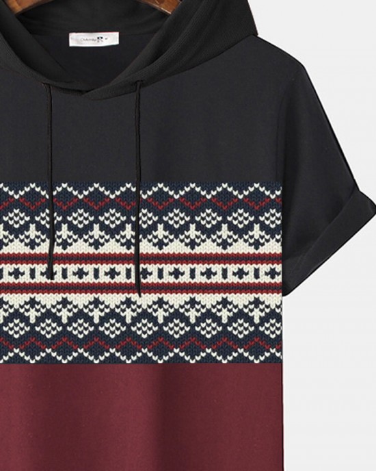 Mens Ethnic Pattern Hem Cuff Hooded T  Shirts