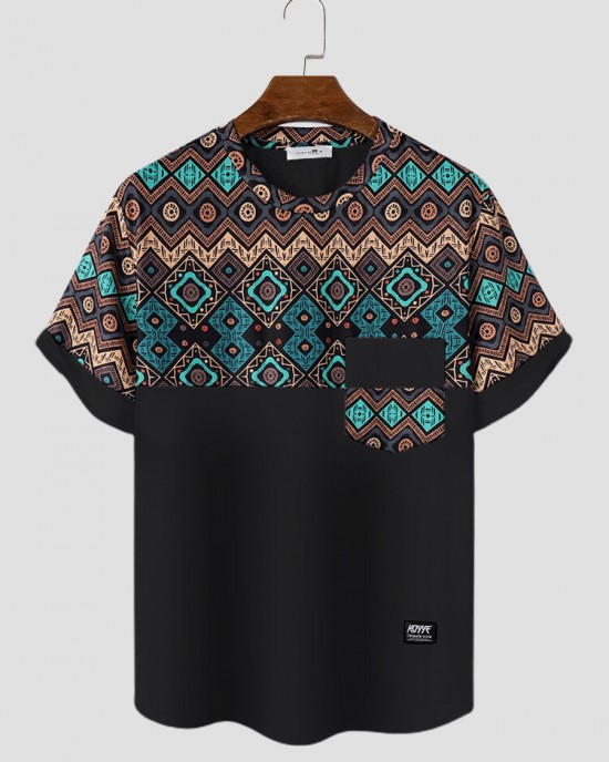 Mens Ethnic Geometric Print Stitching Crew Neck Short Sleeve T  Shirts