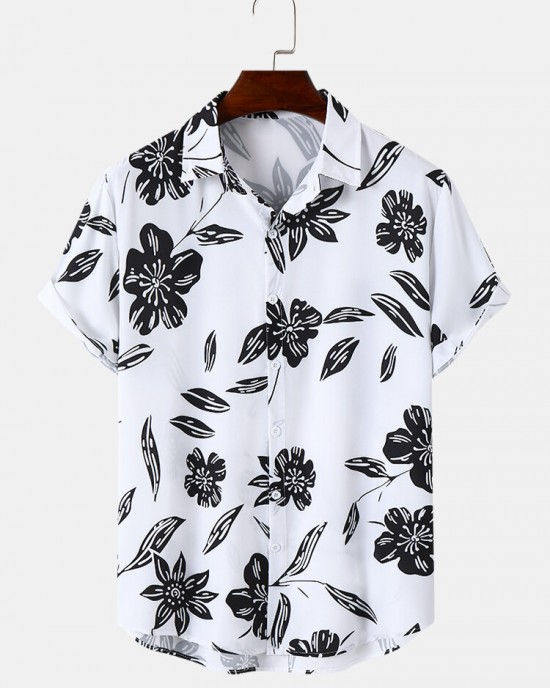 Mens Monochrome Floral Print Button Up Short Sleeve Shirts