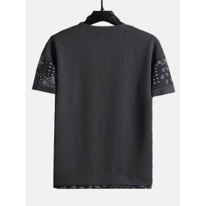 Mens Ethnic Paisley Print Stitching Texture Streetwear Short Sleeve T  Shirts