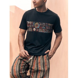 Mens Ethnic Pattern Crew Neck Casual Short Sleeve T  Shirts