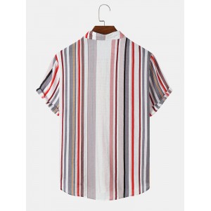 Mens Multicolor Striped Print Short Sleeve Lapel Shirts