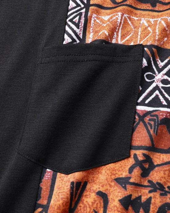 Mens Ethnic Tribal Pattern Stitching Pocket Short Sleeve T  Shirts