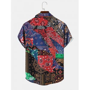 Mens Multicolor Paisley Asymmetric Stitching Short Sleeve Shirts