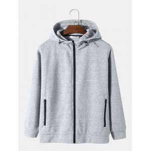 Men Knitted Pure Solid Color Zip Double Pockets Hooded Casual Hooded Jackets