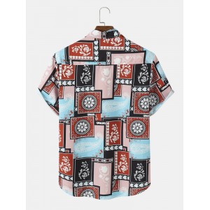 Mens Paisley Floral Color Block Print Ethnic Short Sleeve Shirts