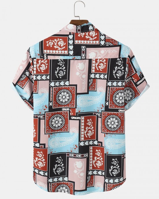 Mens Paisley Floral Color Block Print Ethnic Short Sleeve Shirts