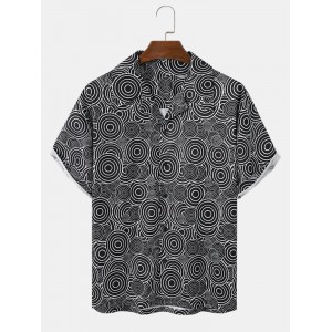 Mens Loop Overlay Print Buttons Short Sleeve Shirts