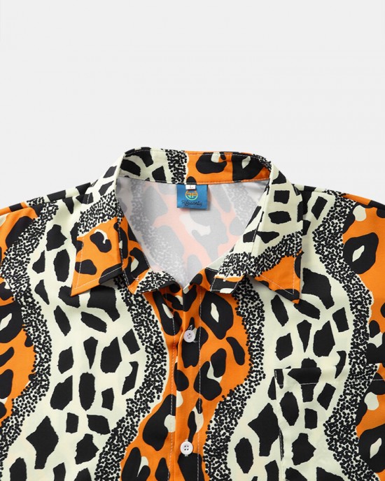 Mens Leopard Print Chest Pocket Street Short Sleeve Shirts