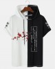 Mens Floral Japanese Print Patchwork Short Sleeve Hooded T  Shirts