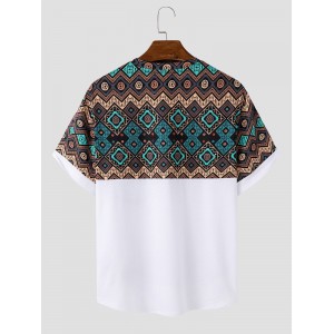 Mens Ethnic Geometric Print Stitching Crew Neck Short Sleeve T  Shirts