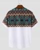 Mens Ethnic Geometric Print Stitching Crew Neck Short Sleeve T  Shirts