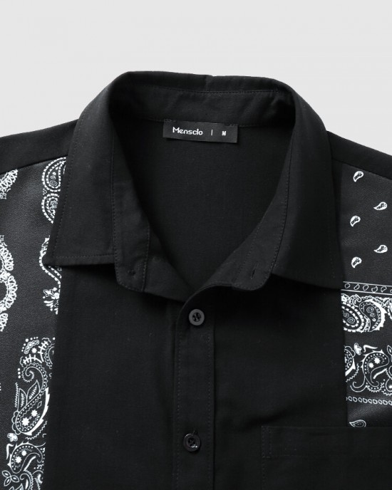 Mens Monochrome Paisley Scarf Print Stitching Cotton Short Sleeve Shirts