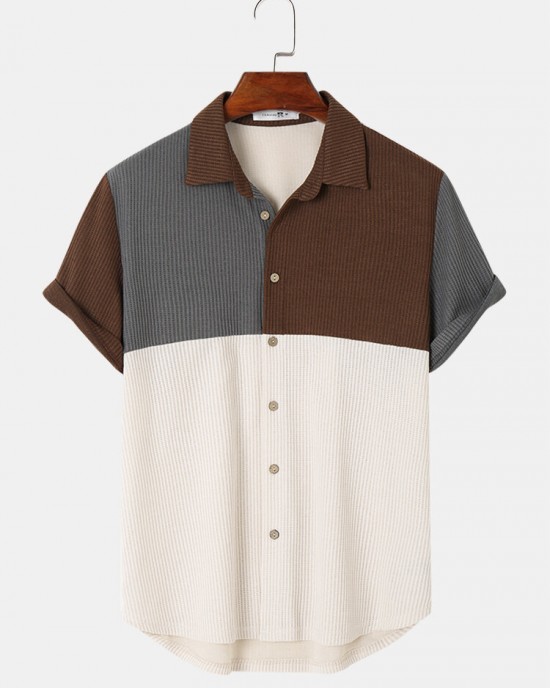 Mens Patchwork Spliced Ribbed Short Sleeve Shirts