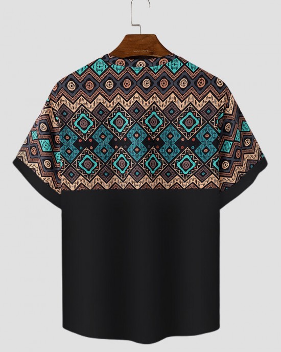 Mens Ethnic Geometric Print Stitching Crew Neck Short Sleeve T  Shirts