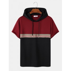 Mens Ethnic Pattern Ribbon Patchwork Short Sleeve Hooded T  Shirts