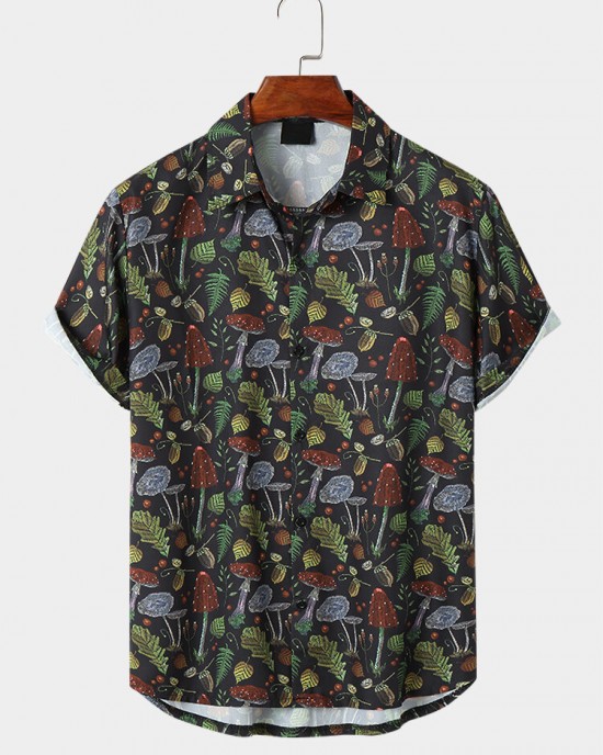 Mens Leaf Print Button Up Short Sleeve Shirts