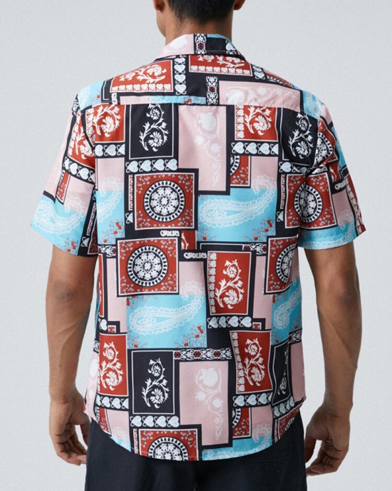 Mens Paisley Floral Color Block Print Ethnic Short Sleeve Shirts