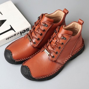 Men Pure Color Toe Protected Hand Stitching Leather Ankle Boots