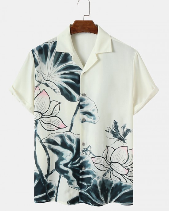 Mens Lotus Print Wash Painting Hem Cuff All Matched Shirts