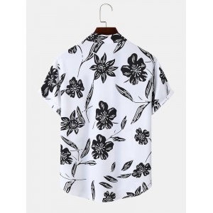 Mens Monochrome Floral Print Button Up Short Sleeve Shirts