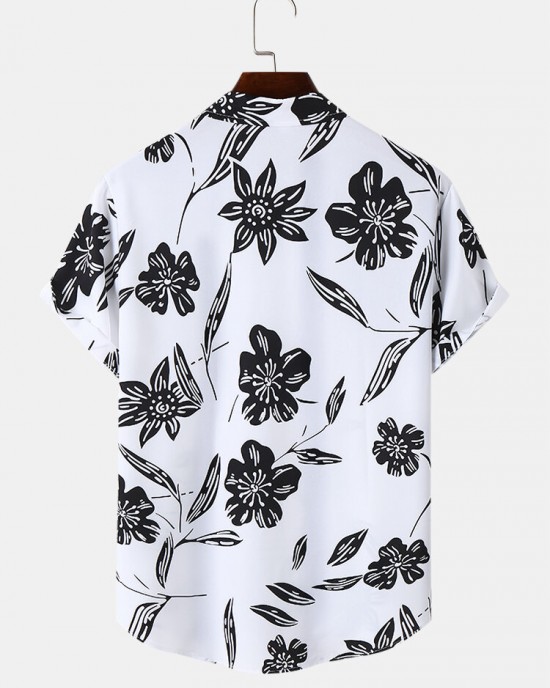 Mens Monochrome Floral Print Button Up Short Sleeve Shirts