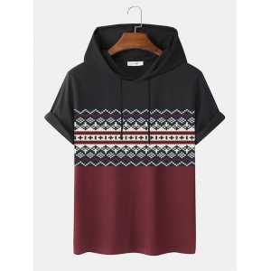 Mens Ethnic Pattern Hem Cuff Hooded T  Shirts