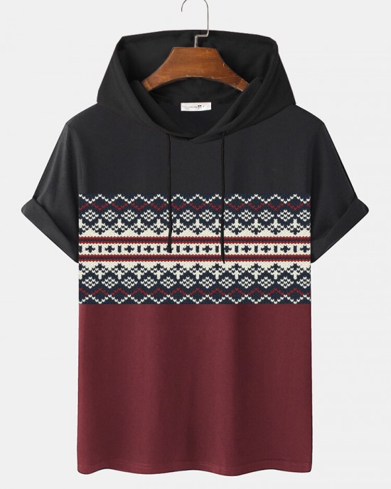 Mens Ethnic Pattern Hem Cuff Hooded T  Shirts