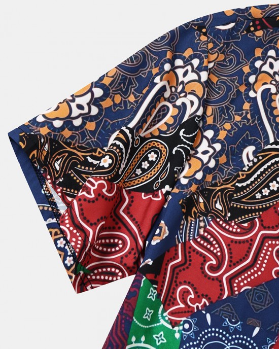 Mens Multicolor Paisley Asymmetric Stitching Short Sleeve Shirts