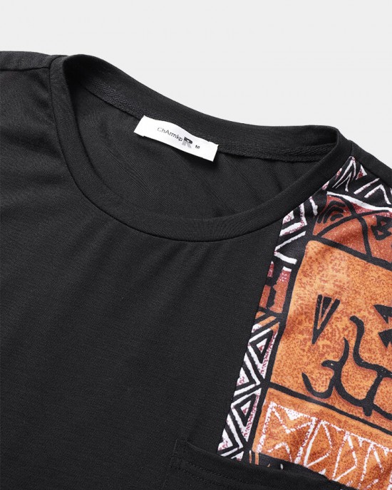 Mens Ethnic Tribal Pattern Stitching Pocket Short Sleeve T  Shirts