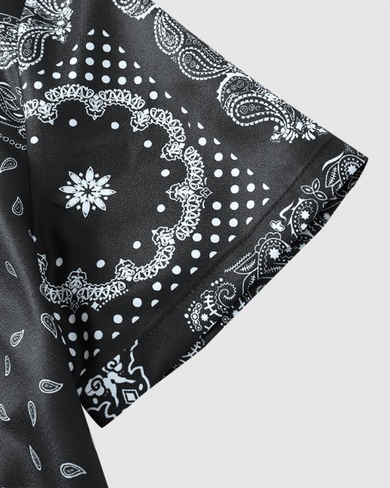 Mens Monochrome Paisley Scarf Print Stitching Cotton Short Sleeve Shirts